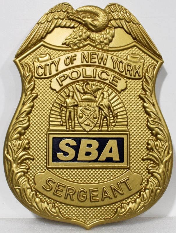 PP-1526A - Carved 3-D Multi-level Plaque of the Badge of a "SBA" Sergeant of New York City, New York