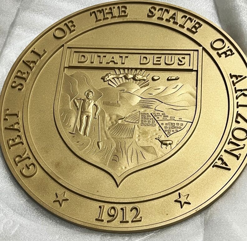 BP-1011 - Carved 3-D Plaque of the Seal of the State of Arizona, Brass-Plated 