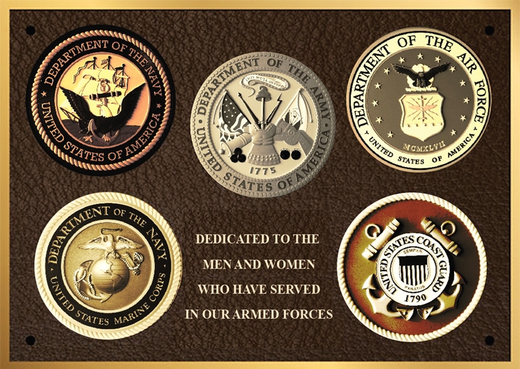 MC2480- Brass-Plated Memorial Plaque with Giclee Photos of Armed Forces Seals