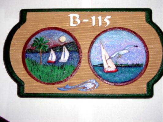 L21319 - Sandblasted and  Hand-Carved HDU Sign with Two Sailboat Scenes as Artwork
