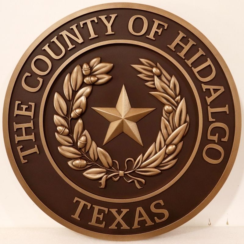 CP-1785 - Carved 3-D Brass-Plated HDU Plaque of the Seal of the County of Hidalgo, Texas
