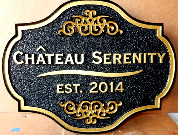 I18104 - Carved HDU Residence Name Sign, "Chateau Serenity", with Ornate Shape and Decorative Flourishes 24K Gold Leaf Gilded Trim