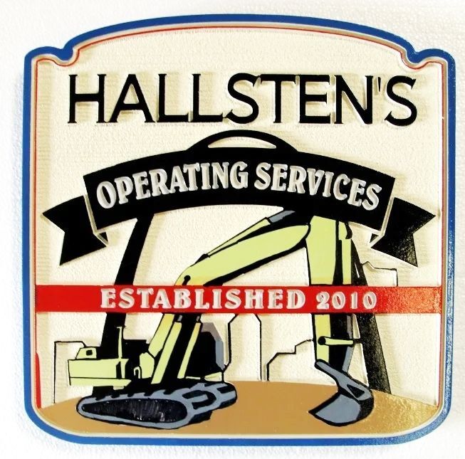  SC38304 - Carved and Sandblasted "Hallsten's Operating Services" Construction Company Sign, with Excavator as Artwork