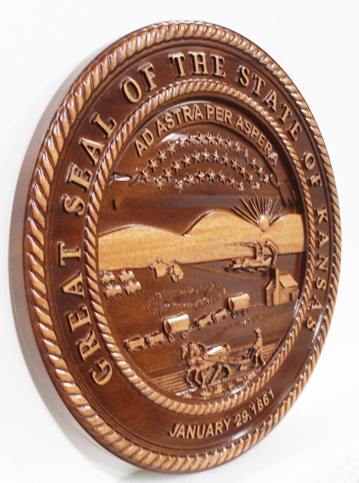 BP-1227 - Carved 3-D Mahogany Wood Plaque of the Great Seal of the State of Kansas