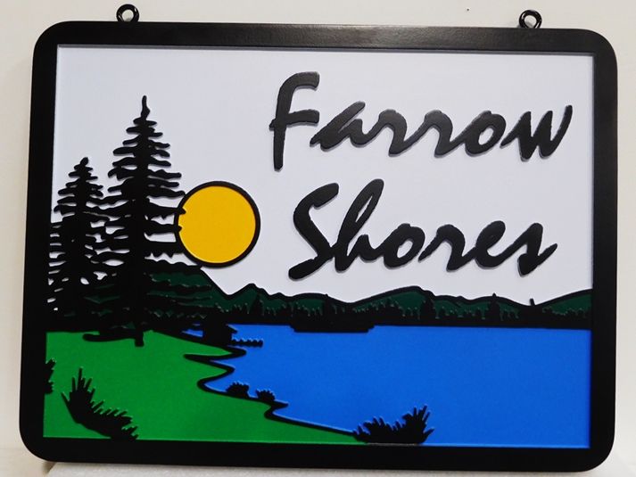 M22360A - Carved HDU Lake House Name Sign "Farrow Shores" shown above features a Lake, Pine Trees , Mountains and a Setting Sun