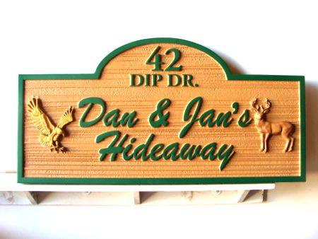 M22725 - Cabin Name & Address Sign with 3-D Carved Eagle & Deer