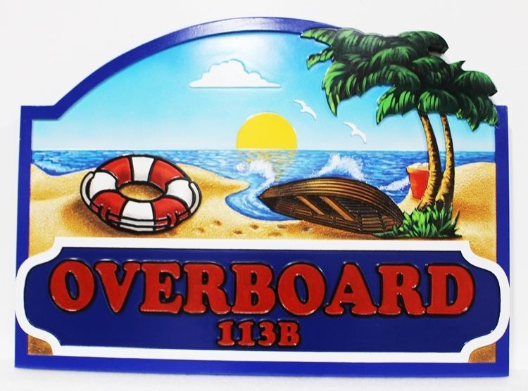 L21085A - Carved 2.5-D Raised Relief  Coastal Residence Address Sign "Overboard", with a Beach, a Life Ring and Beached Boat as Artwork 