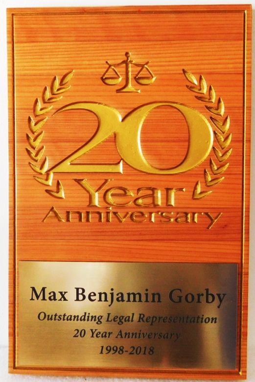 A10940 - Carved, Cedar Wood Plaque with 24K Gold Leaf Design Marking Attorney's 20th year of Outstanding Legal Representation