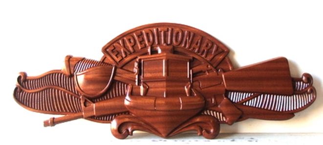 JP-1960 - Carved Plaque of Badge of  Navy Expeditionary Warfare Specialist, Mahogany Wood 