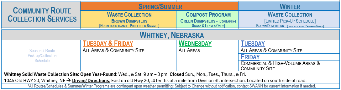 Whitney NE Route Collection Schedule Listing