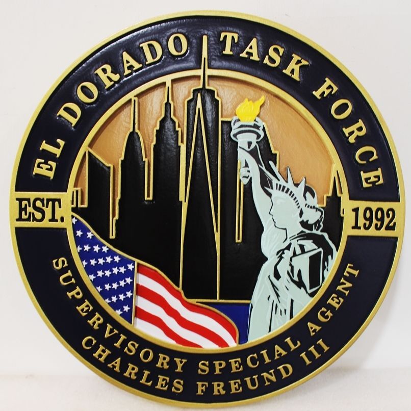 AP-4061 - Carved 2.5-D Multi-Level Plaque of the Seal of the El Dorado Task Force,  Immigration and Customs Enforcement (ICE), Personalized for a Supervisory Special Agent