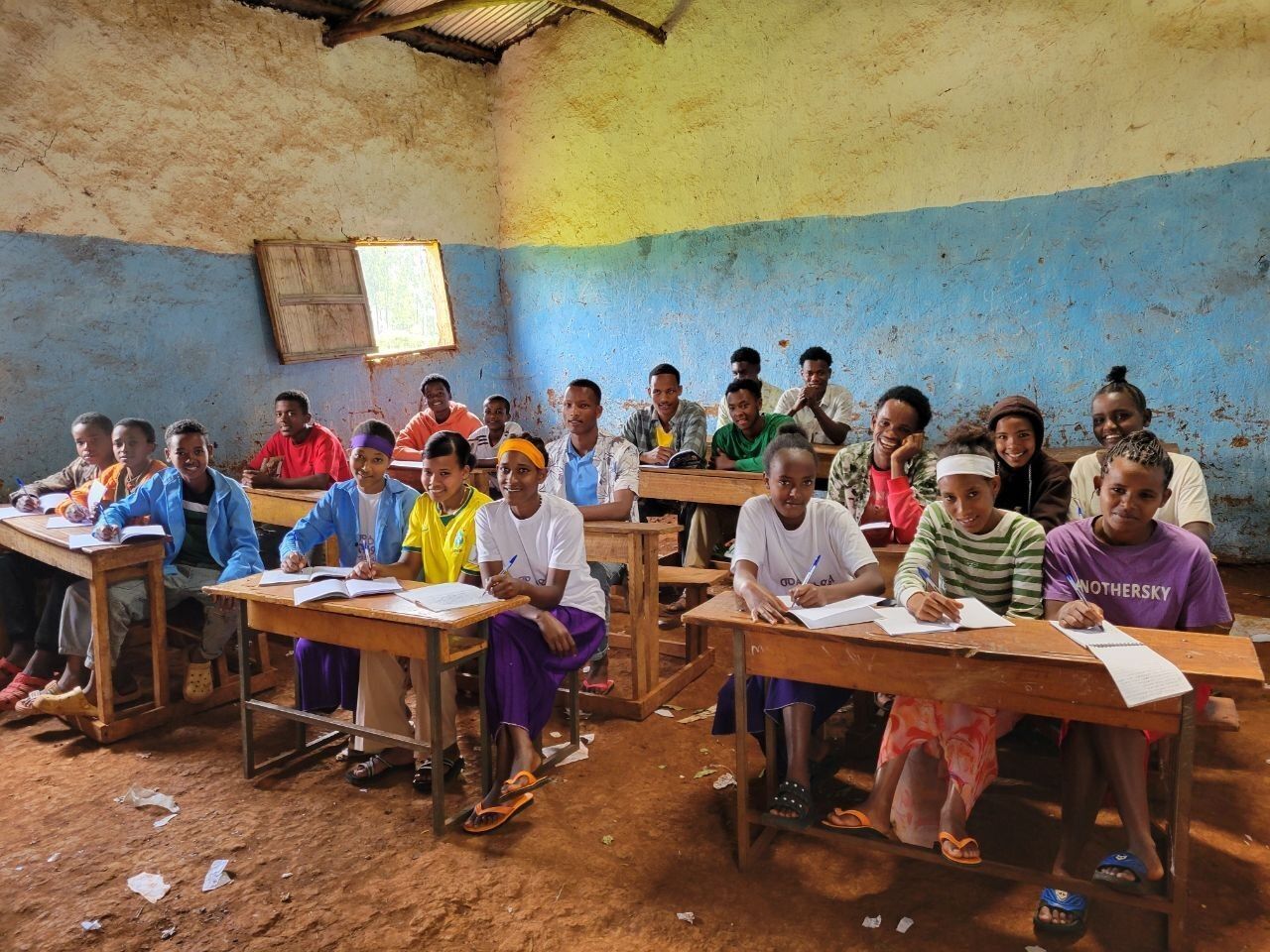 8th graders at Meskel Chora School, where every student passed the 2026 national exam, working in their classroom.