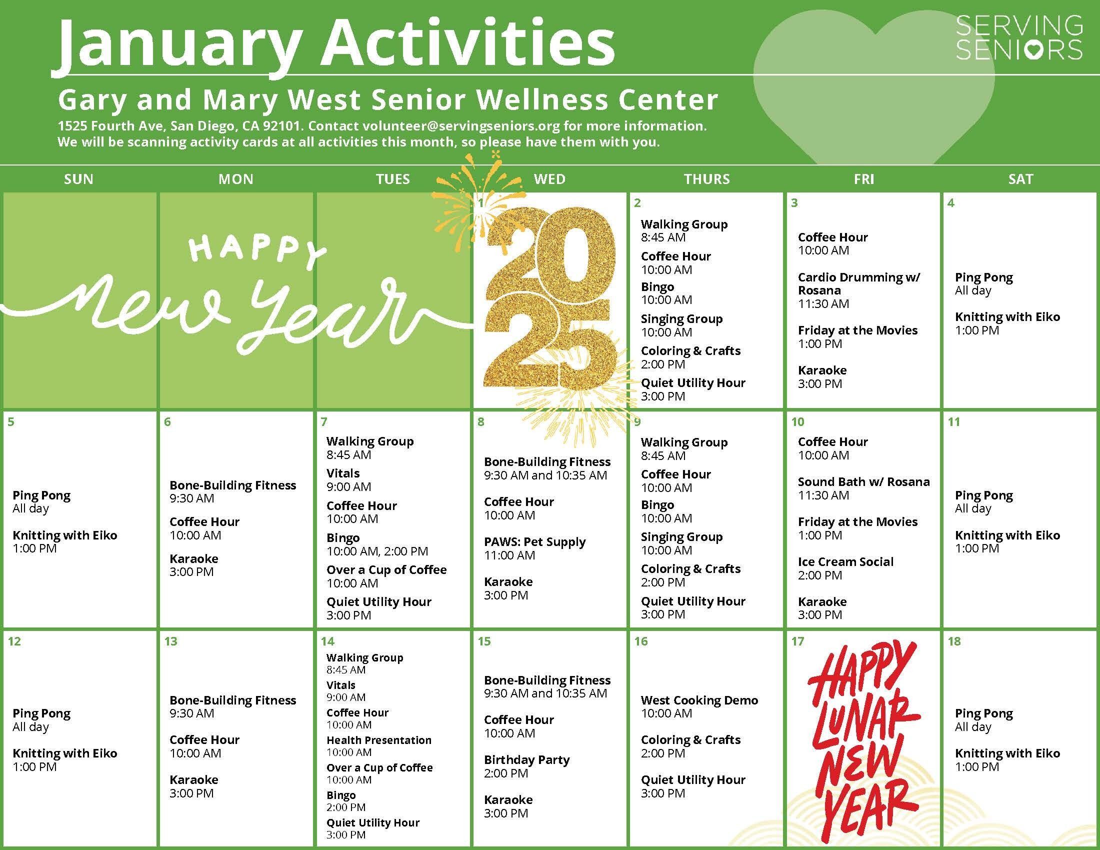 Click to download the Gary and Mary West Senior Wellness Center January Activities Calendar