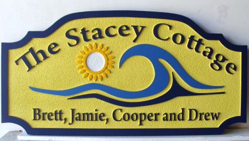L21164 - Sandblasted HDU Plaque for "Stacey Cottage" on the Seashore, with Surf and Sun 