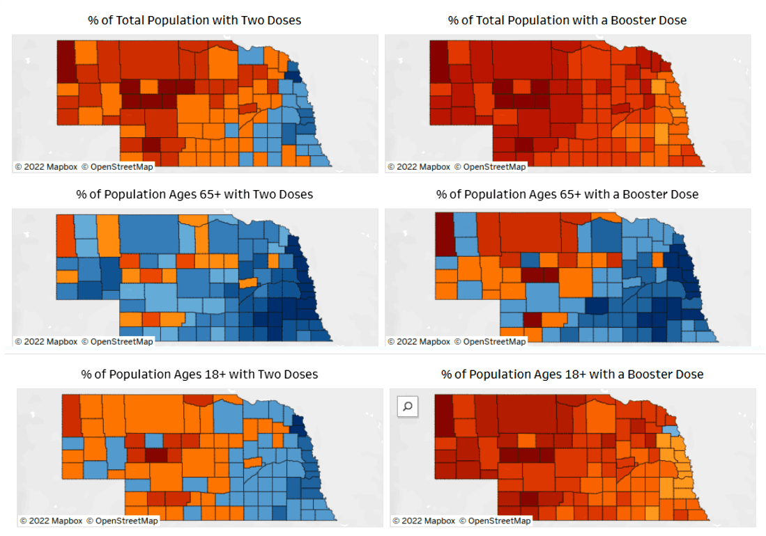 Primary vs Booster Vax Rates by Nebraska County - Age 18+