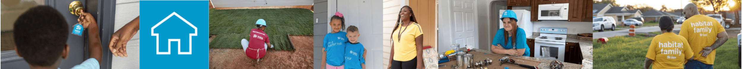 Habitat for Humanity families, volunteers, and completed homes showing how ReStore shopping helps build safe, affordable housing in the community.