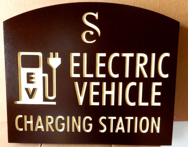 H17545- Engraved  HDU "Electric Vehicle Charging Station" Sign, with Stylized Charging Station as Artwork