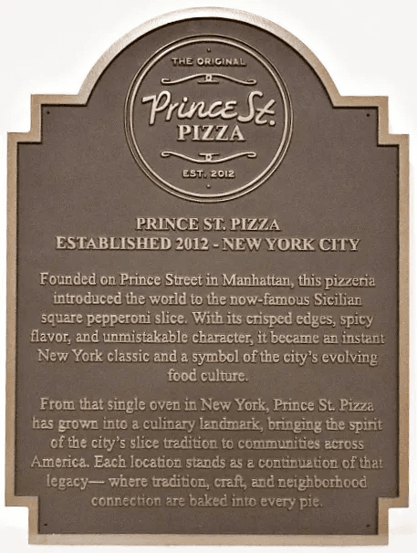 Q25204B - Precision Machined Plaque for "The Original Prince St. Pizza"