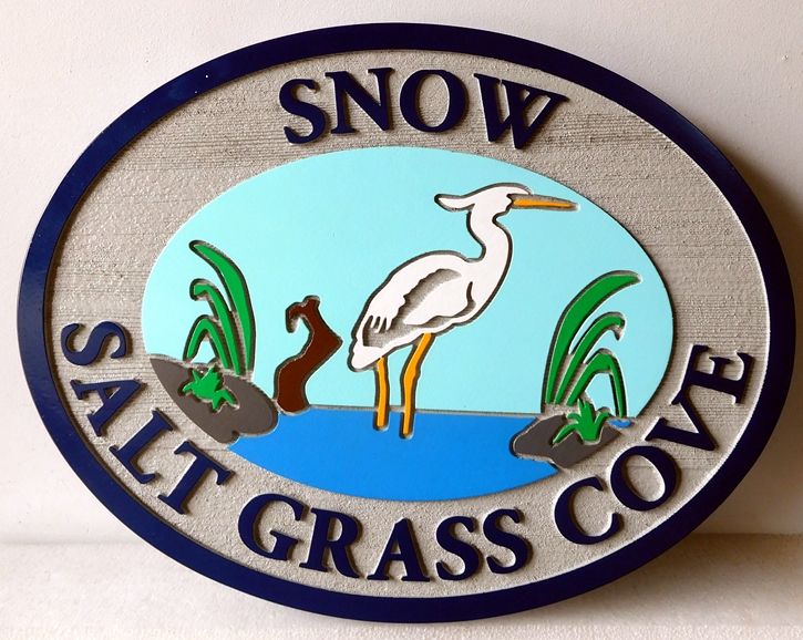 L21641 - Engraved and Sandblasted  Property Name Sign, "Salt Grass Cove",with Egret Standing in Water 