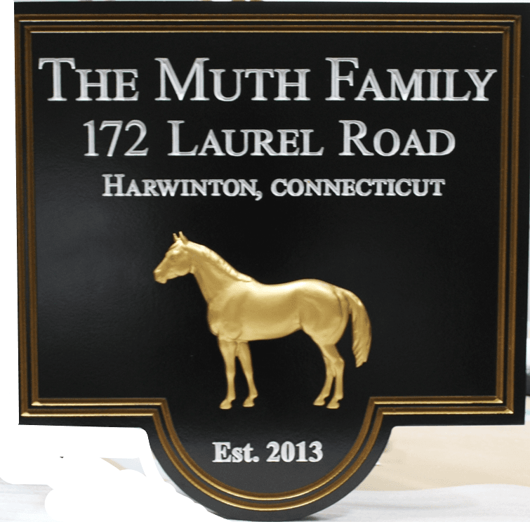 P25163 - Carved HDU Property Name and Address Sign for the Muth Family, with 3-D Carved Horse as Artwork