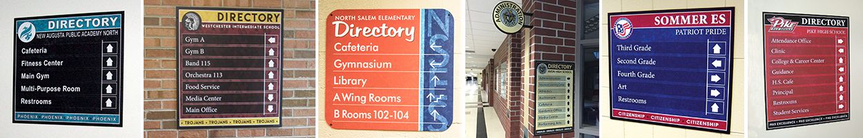 6 pictures school directory boards, custom signs, school signs, any color or mascot, school hallway