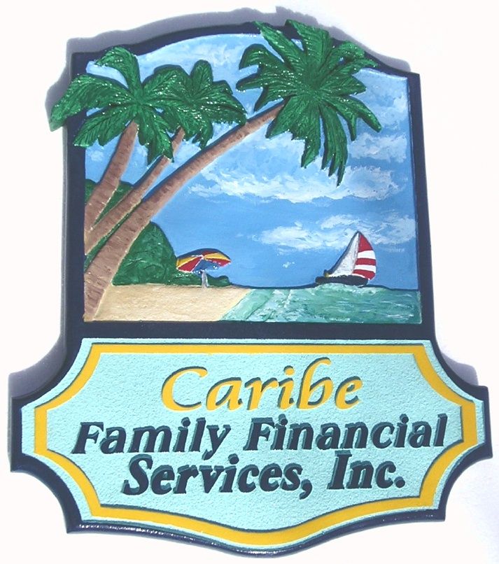 L21114 - "Caribe" Business Sign with Carved, Hand-Painted Palm Trees, Sailboat, Beach, and  Umbrella