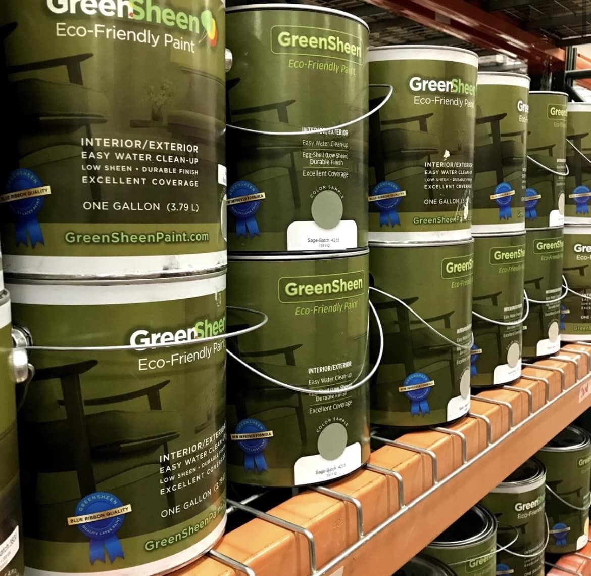 GreenSheen recycled latex paint buckets in quart and 5-gallon sizes on display at Habitat ReStore Zephyrhills – eco-friendly paint for interior and exterior use