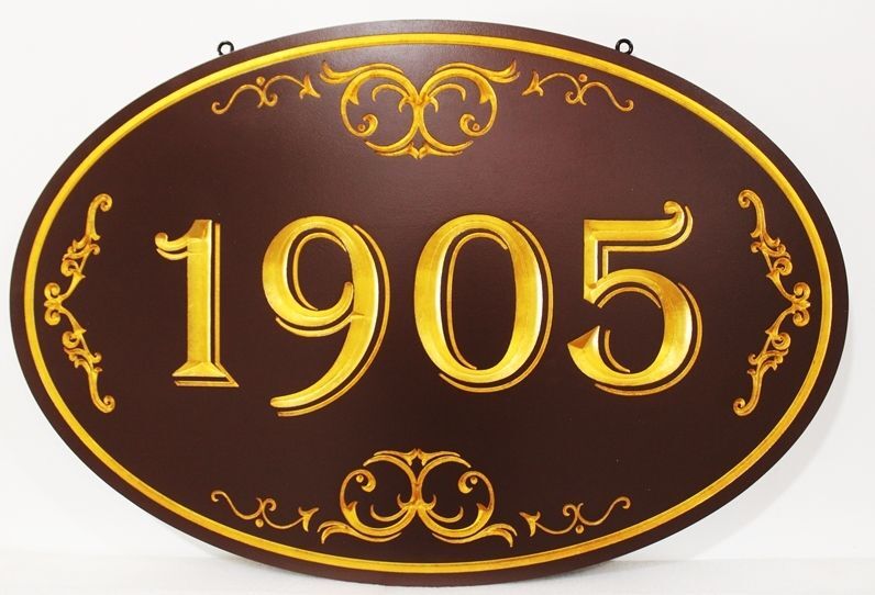 I18860 -  Elegant Engraved Property Address Number Sign for a Residence, with 24K Gold Leaf Gilded Numbers, Border and Artwork