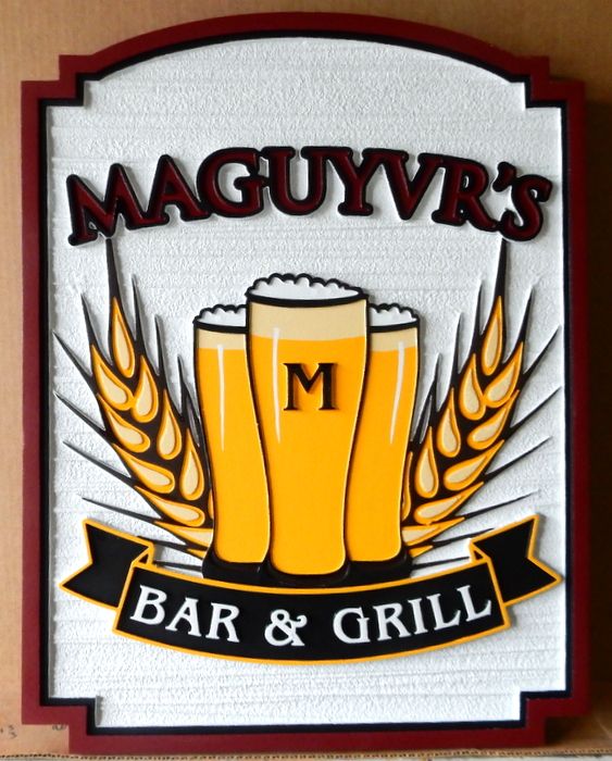 RB27559A -  Carved and Sandblasted HDU Entrance Sign for  “McGuyvrs Bar & Grill ” ,  with Pints of Ale and Barley Grain as Artwork