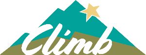 Climb word graphic with a large mountain and star in the backround.
