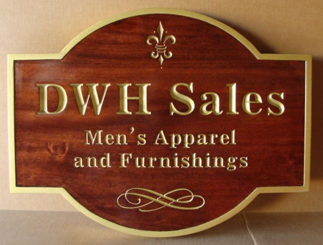 M3104 - Carved Mahogany Sign for Men's Apparel and Furnishings, Painted Gold Fleur-de-Lis, Text and Borders  (Gallery 28A)