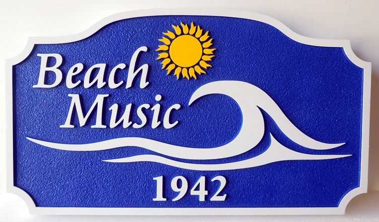 L21177 - Carved and Sandblasted  2.5-D  property Name Sign "Beach Music", with Surf and Sun as Artwork