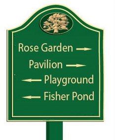 GA16579 - Design of Carved Wood or HDU Directional Sign with Arrows for Rose Garden, Pavilion, Playground and Pond