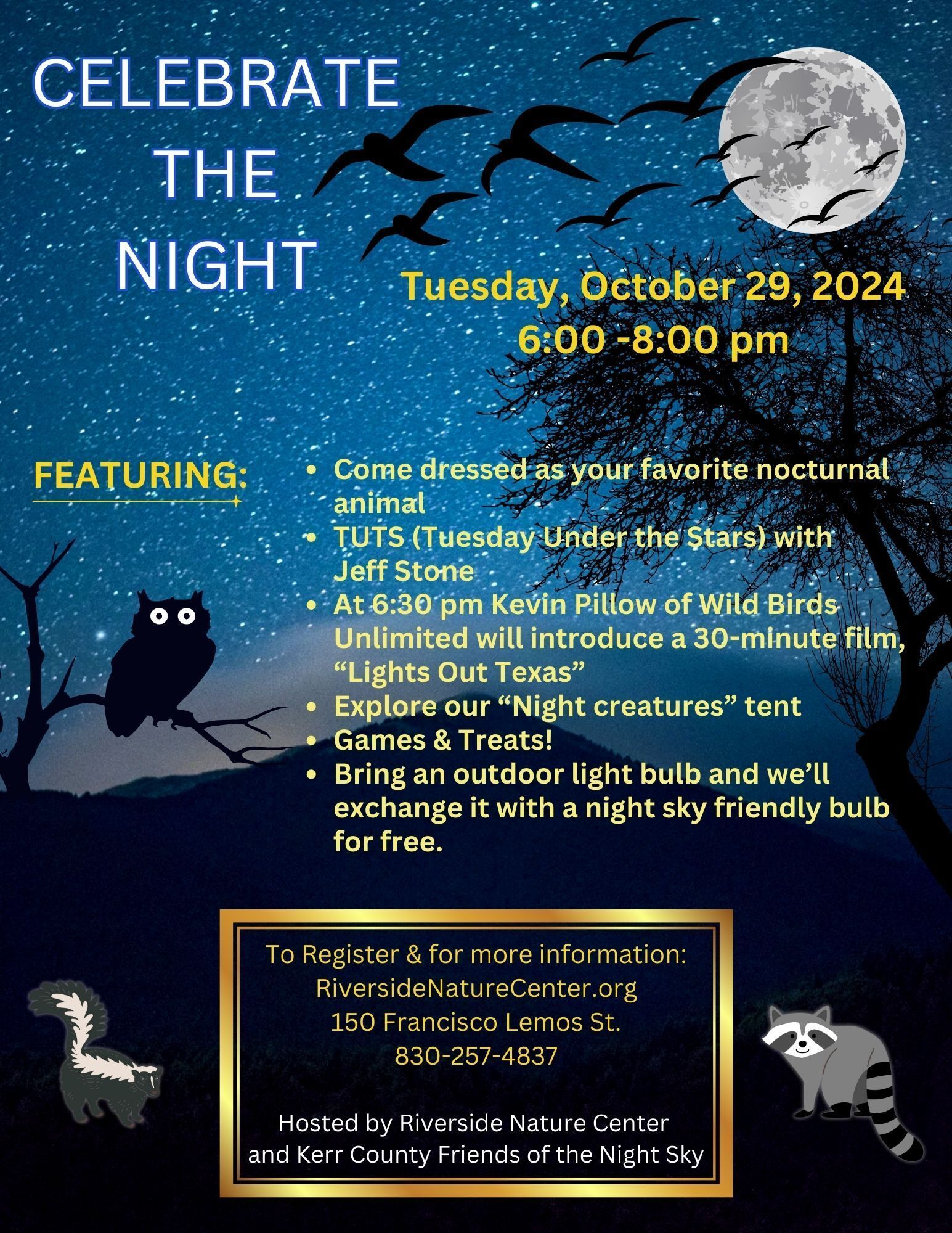 Night Sky, Halloween, Lights Out, Kerrville Texas, Riverside Nature Center, Friends of the Night Sky, Free event