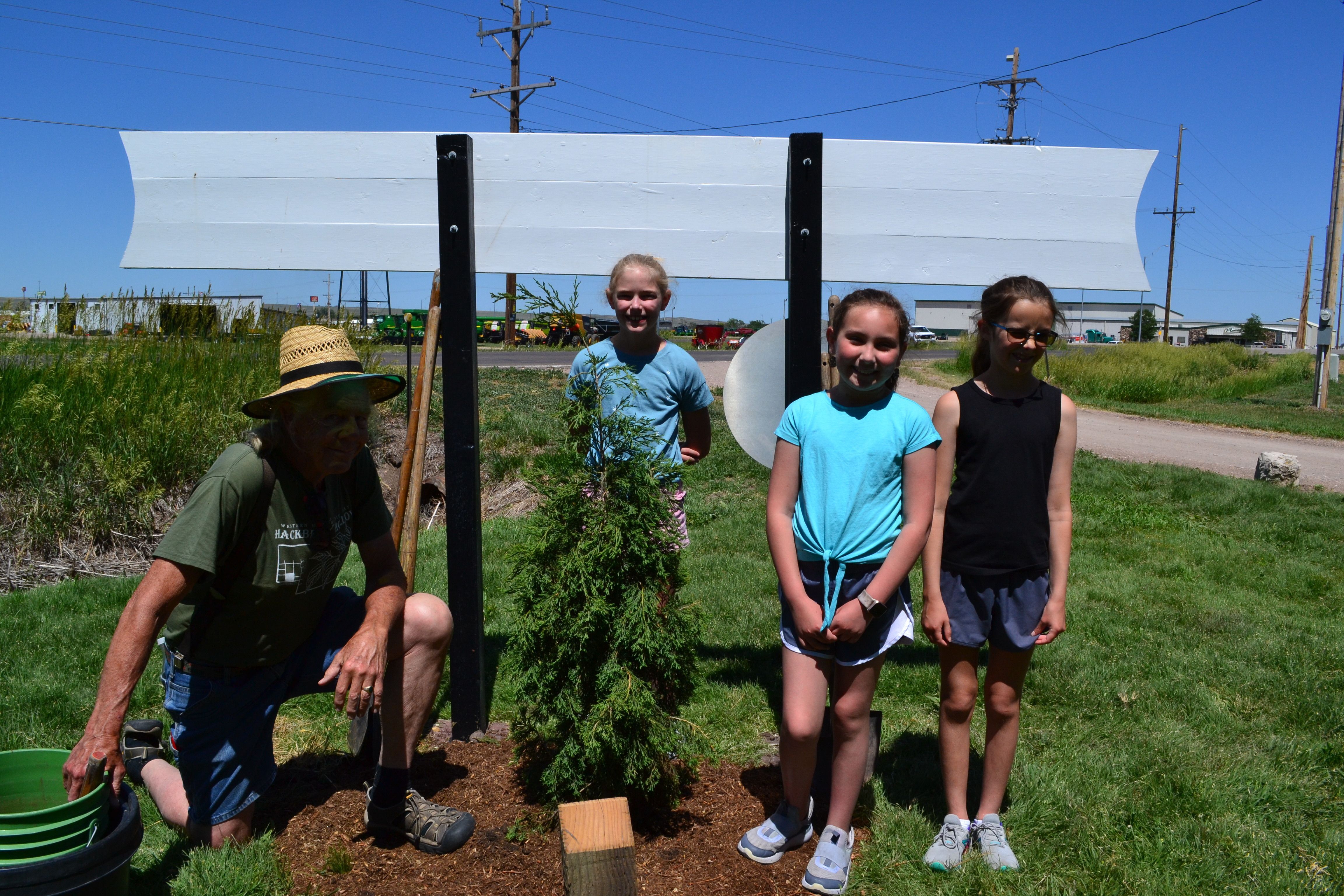 A man and three children stand beside a newly planted evergreen tree with buildings in the background