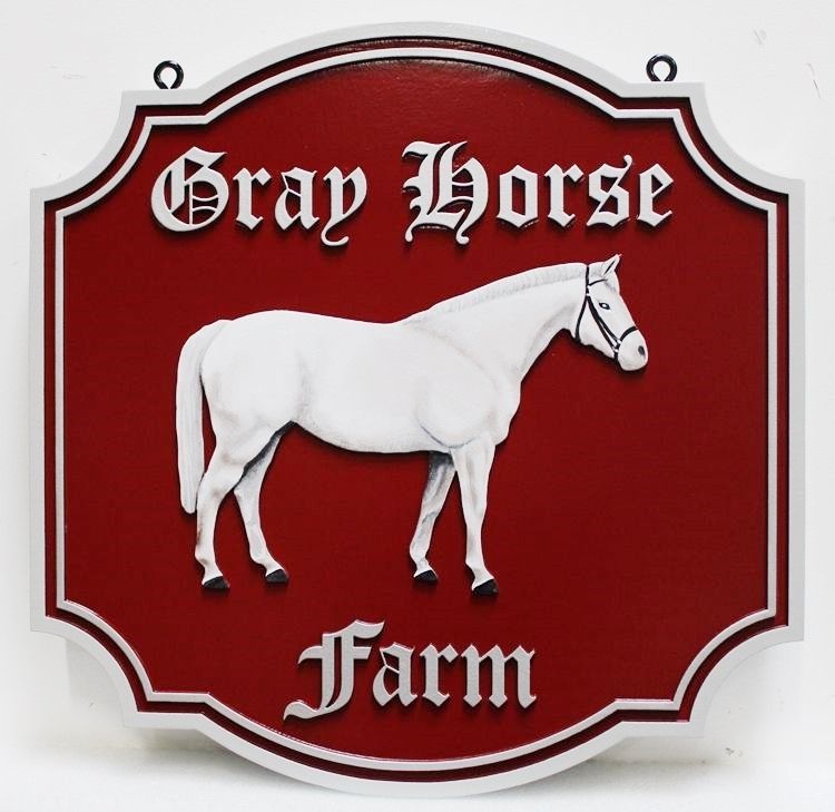 P24239 -  Carved  High-Density-Urethane (HDU) Entrance Sign for the Gray Horse Farm , with Artist-Painted Standing Horse