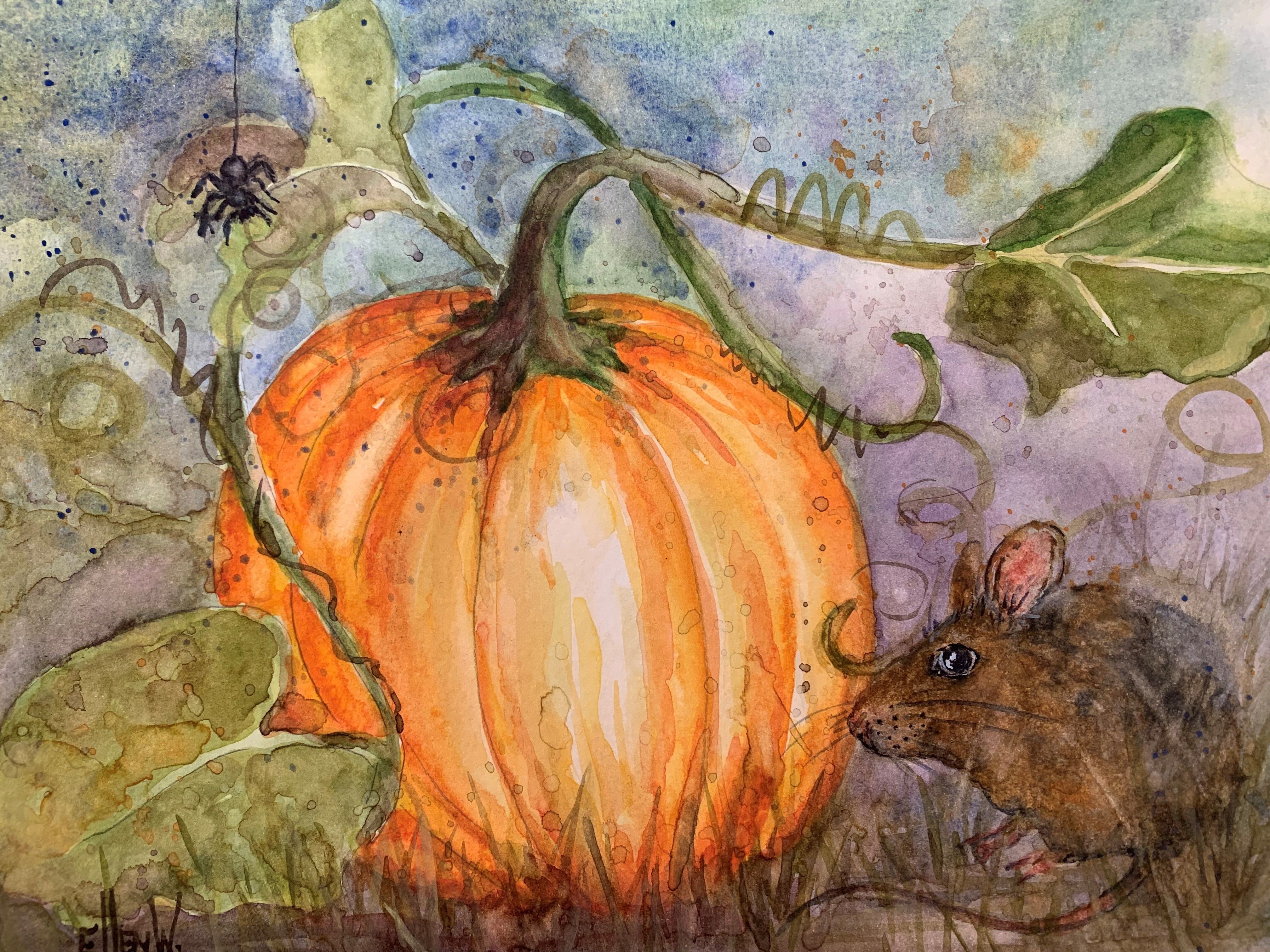 Orange pumpkin is nestled in pumpkin vine with mouse nearby and spider hanging from its web
