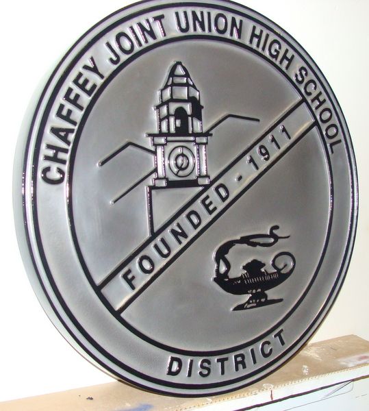 TP-1260- Carved Wall Plaque of Seal of Chaffey Joint High School, Nickel-Silver Plated