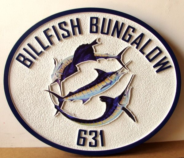 L21372 - Sandblasted Seacoast Residence Sign, "Billfish Bungalow", with Sailfish, Marlin and Swordfish 