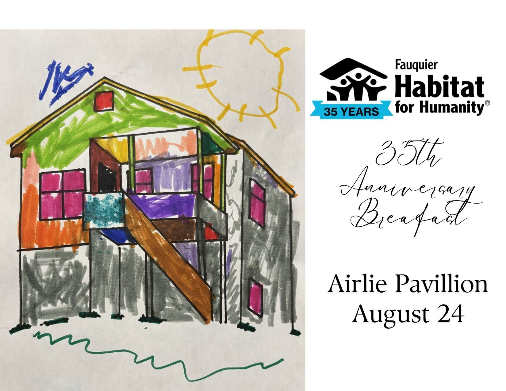 Photo of a home drawn by a child. Invitation to Fauquier Habitat anniversary breakfast.