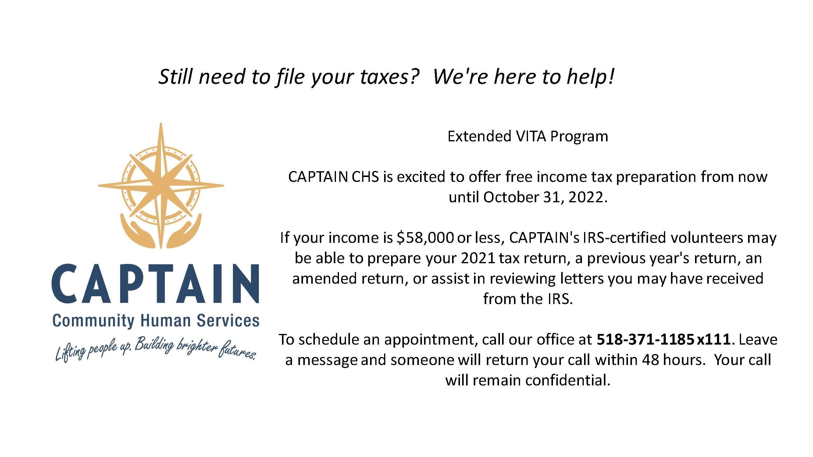 VITA Program Extended to Help Individuals and Families File Their Tax Returns!