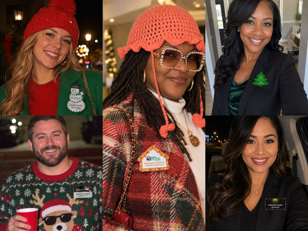 Five customers wearing festive Christmas and holiday name badges