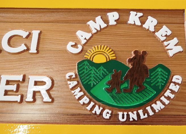 G16335A - Carved Cedar Wood Emblem of a Camp (Camping Unlimited) with Bears, Sun and Trees 