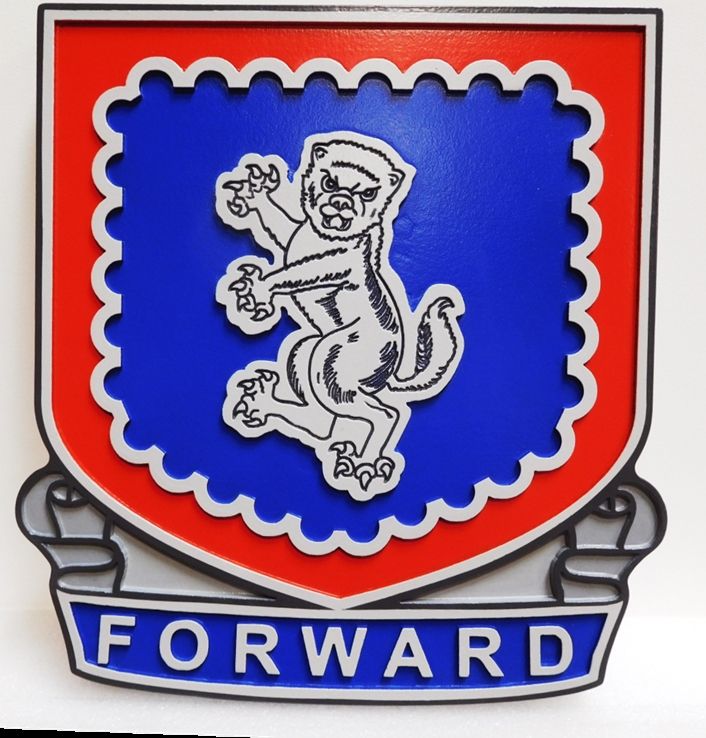 MP-2072 -  Carved Plaque of Crest of US Army 340th Regiment Advanced Individual Training Unit  with Motto "Forward", Artist-Painted