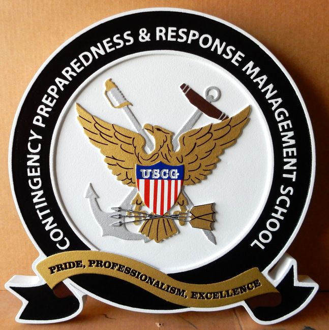 NP-2200- Carved Plaque of Seal of US Coast Guard Contingency Preparedness and Response Management School,  Artist Painted