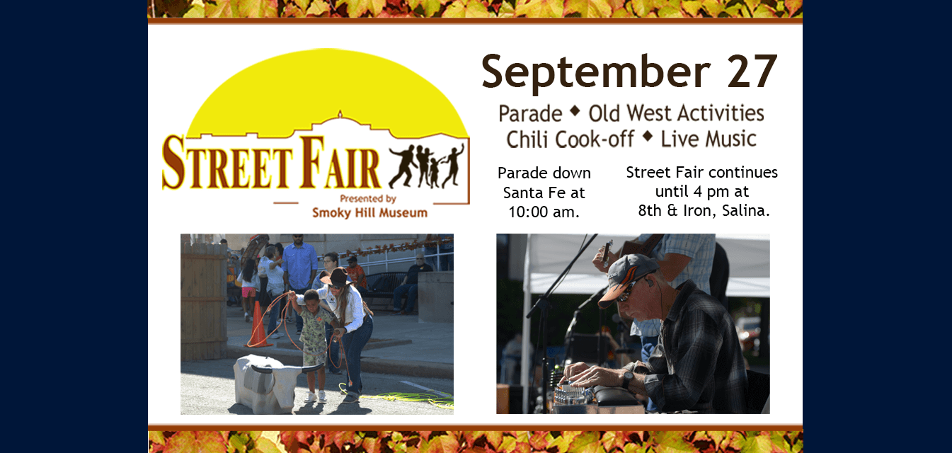 Poster with Street Fair Logo and two pictures. One showing volunteer teaching a child to rope and the second one showing a musical performer.  