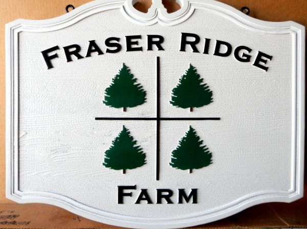 O24896 - Carved Sign for the "Fraser Ridge Christmas Tree Farm', with Spruce Trees
