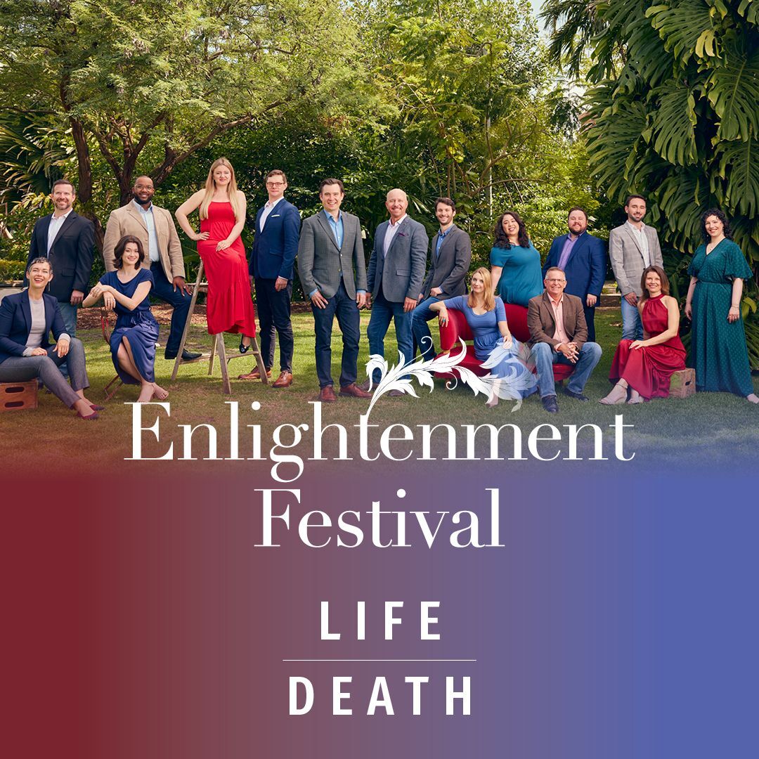 Group of people with the text Enlightenment Festival Life | Death overlaying it.