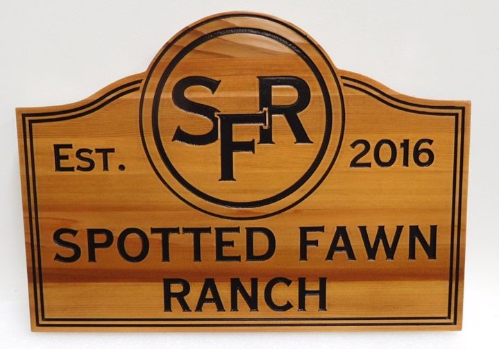 O24932 - Carved Engraved Cedar Entrance sign for the "Spotted Fawn Ranch" 