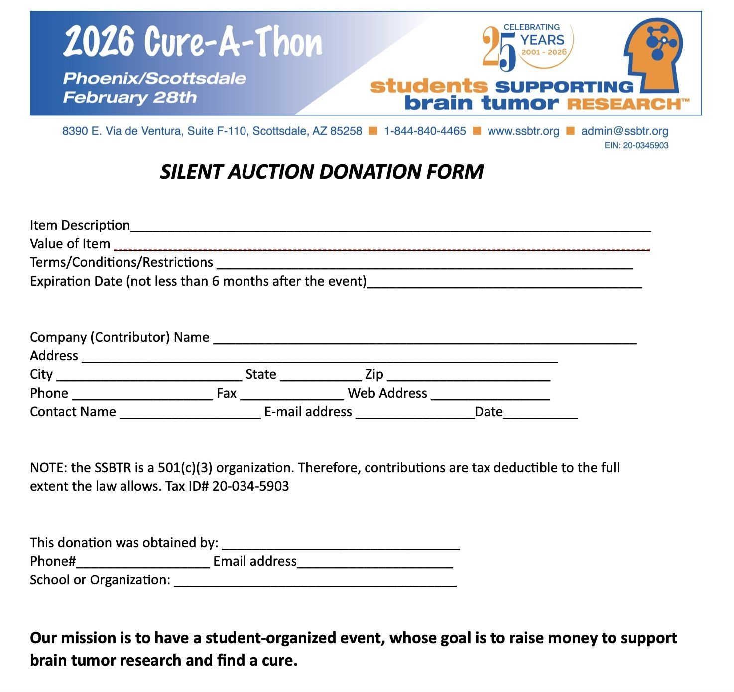 2026 SSBTR Silent Auction Form 